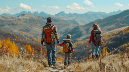 Obraz premium Family with father mother and kids trekking together at beautiful natural mountain in summer holiday.