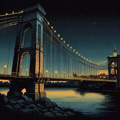 Fototapeta premium suspension bridge at night. design for banners, t-shirts, stickers, posters, social media. generative ai