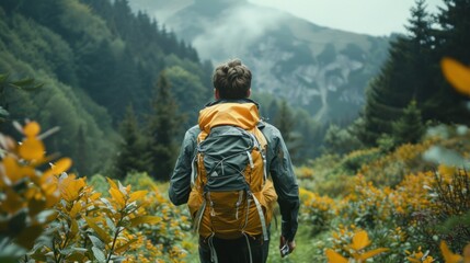 Man with Backpack Hiking Through Mountains