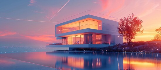 Modern Minimalist House with Sunset Reflection in Pool