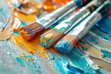 Obraz premium Artist’s workspace: Paintbrushes and paint tubes on a white desk. Ideal for photo-stock 