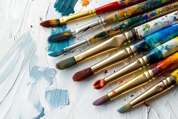 Obraz premium Artist’s workspace: Paintbrushes and paint tubes on a white desk. Ideal for photo-stock 
