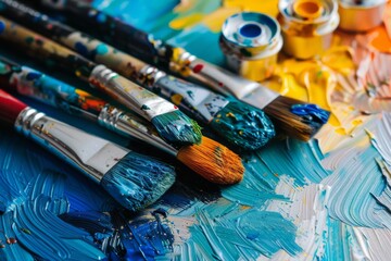 Fototapeta premium Artist’s workspace: Paintbrushes and paint tubes on a white desk. Ideal for photo-stock 