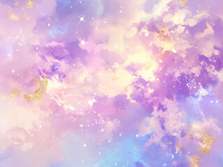 Watercolor painting of a pastel sky with gold stars and copy space text. Perfect for dreamy, romantic, or celestial-themed designs.