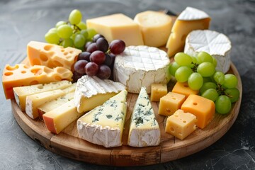 Cheese platter: A wooden board with assorted cheeses and grapes.