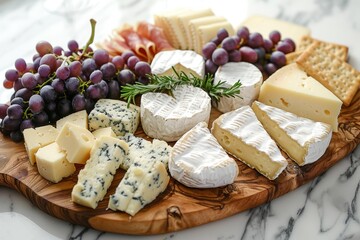 Cheese platter: A wooden board with assorted cheeses and grapes.