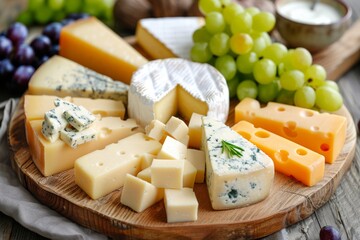 Cheese platter: A wooden board with assorted cheeses and grapes.