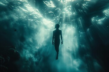 Imagine an underwater scene: a serene silhouette of a person floating motionless in the sea, embraced by soft beams of light filtering through the water, evoking an ethereal and haunting atmosphere.

