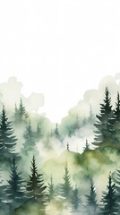 Fototapeta premium Watercolor green pine forest with foggy mountains in the background