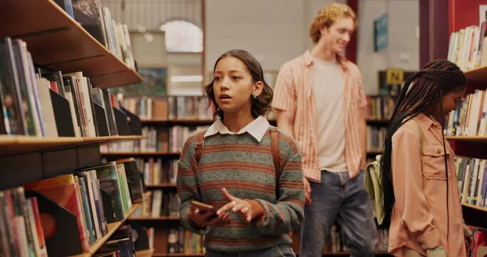 Shelf, book and girl in library to search at university, college or school campus for education. Curious, learning history and student with scholarship studying knowledge, research and information