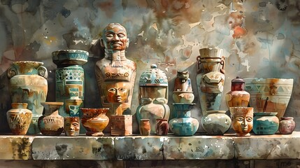 Nostalgic Watercolor Painting of Antique Pre Columbian Artifact Collection