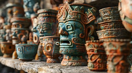 Fototapeta premium Intricate of Pre Columbian Artifacts Vibrant Pottery Masks and Statues Capturing Ancient Cultures