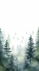 Watercolor green pine forest with foggy mountains in the background