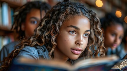 students reading books in the library learning concept modern education