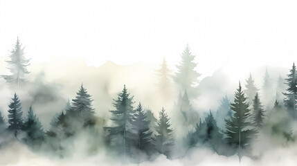 Fototapeta premium Watercolor green pine forest with foggy mountains in the background