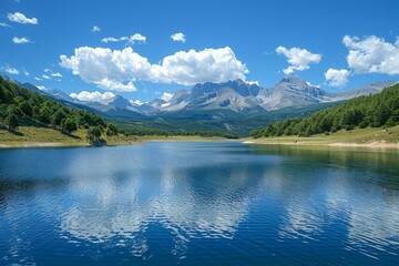 Mountain lake: A calm lake surrounded by mountains under a blue sky, ideal for adding text in the open sky area