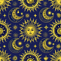 Seamless pattern of celestial sun and moon motifs with detailed line work, Generative AI