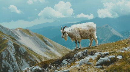 Fototapeta premium Goat on a mountain grazing on grass
