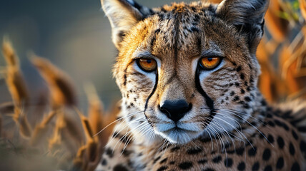 Obraz premium Majestic cheetah staring wild beauty in nature, AI Generative.