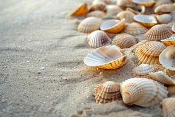 Seashells in the sand: A close-up of seashells scattered on sandy beach, with clear space for text