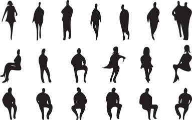 Vector, isolated silhouette of sitting standing people, man and girl