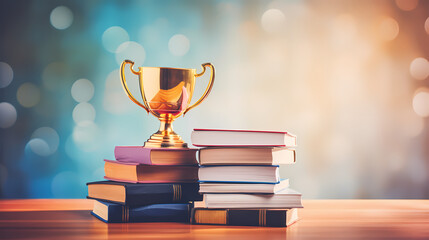 Golden trophy and a pile of books on the table