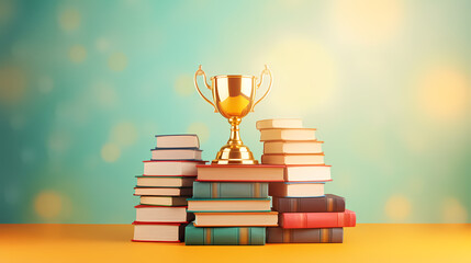 Golden trophy and a pile of books on the table