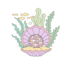 Sea shell with disco ball perle vector illustration. Groovy underwater pre-made card 