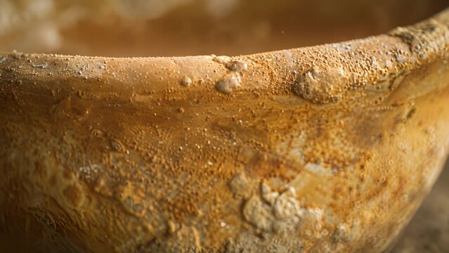 A closeup of a handmade bowl made from lumpy clay with visible fingerprints and uneven edges.