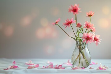 Simple still life background: A clean, white table with a single vase of fresh flowers and a few scattered petals, with ample blank space for text.

