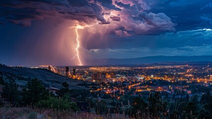 Fototapeta premium Lightning Strikes Over a Cityscape at Night