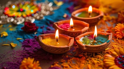 Diwali Festival Celebration with Traditional Diyas and Colorful Rangoli Patterns, Creating a Warm and Festive Atmosphere Filled with Light and Vibrant Colors
