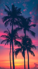 Tropical palm trees: Palm trees silhouetted against a sunset sky, with a gradient from orange to purple, leaving space for text.

