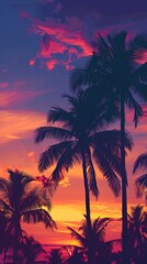 Obraz premium Tropical palm trees: Palm trees silhouetted against a sunset sky, with a gradient from orange to purple, leaving space for text.