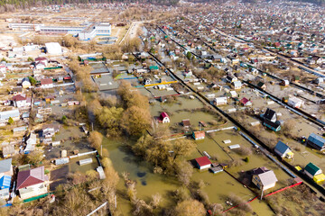 View from a quadcopter of a flooded village during spring floods