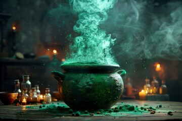 Witch’s brew: A cauldron with green smoke or fog coming out, surrounded by small potion bottles.