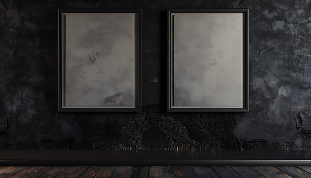 A deep charcoal wall with two rectangular empty blank picture frames, aligned horizontally and evenly spaced, with a dark wooden floor below. The frames are of equal size.