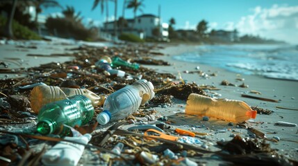 Obraz premium Stark depiction of plastic pollution on a beach, highlighting the urgent need for environmental conservation.