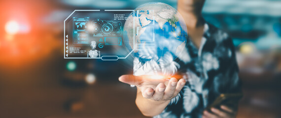 Businessman is showing concept of future technology and internet connection network with AI as controller. A graphic floated in the air on his hand. Data center network concept.