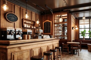 Interior design of cafe with wooden vintage style, decorated with warm and cozy tones, relaxing tones with classic old wood round corner counter and coffee machinery.
