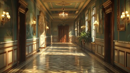 Elegant Sunlit Hallway in Classical Building with Luxurious Decor