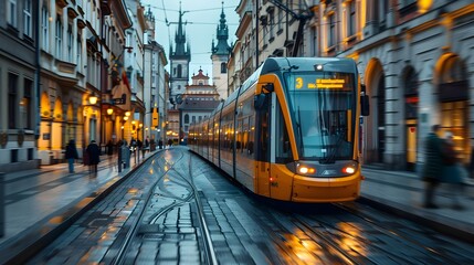 Fototapeta premium Sleek Modern Tram Gliding Through Vibrant European City Urban Landscape