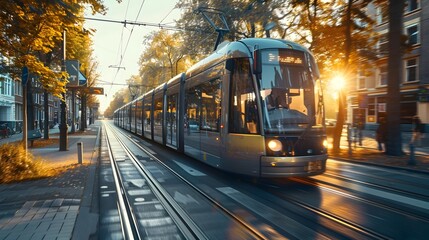 Obraz premium Cyclist Riding Alongside an Eco Friendly Tram in an Urban Bike Lane