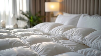 A close-up photo shows a sleek, modern white bed. The simple design emphasizes clean lines, creating a serene and inviting atmosphere and the comfort of the bed.