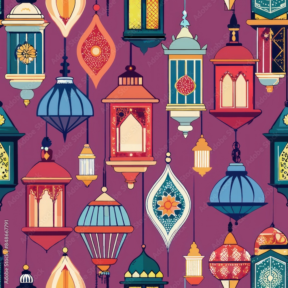 Wall mural Seamless pattern of Moroccan-inspired lanterns and hanging lamps, Generative AI - Wall murals