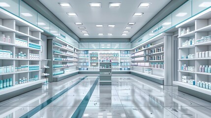 Obraz premium Interior of empty modern pharmacy, Pharmacy shop background. copy space for text.