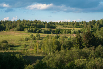 Fototapeta premium View of the Izborsko-Malskaya Valley and the village of Izborsk on a sunny summer day, Pechersk district, Pskov region, Russia