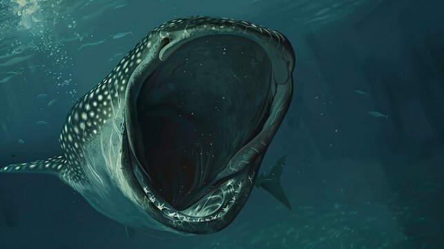 Detailed view of a whale shark&acirc;&euro;&trade;s mouth open, filter feeding, capturing the grandeur and gentleness of the giant. 