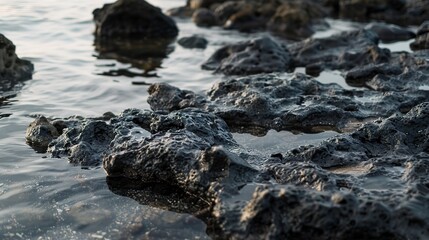 Fototapeta premium Close focus on newly formed volcanic rock, still cooling, textures sharp against the surrounding water.