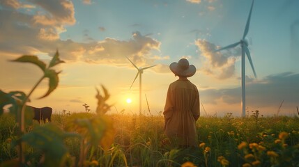 Fototapeta premium Sustainable Countryside Landscape with Wind Turbines and Grazing Animals at Serene Sunset